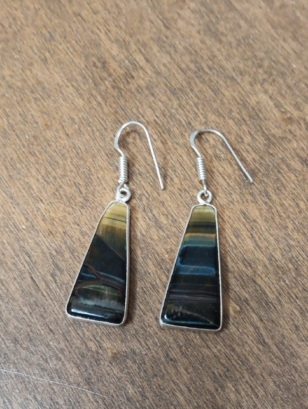 Handcrafted Tiger Eye Drop Earrings - Silver Tone